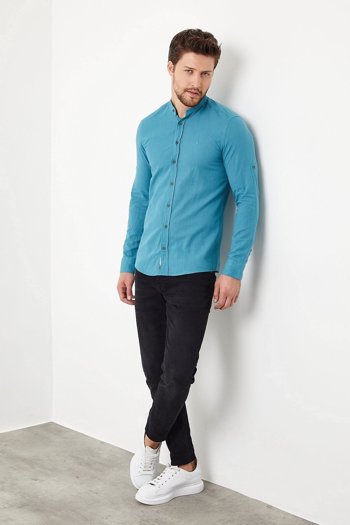 Pamuk Keten Hakim Yaka Yeşil Slim Fit Uzun Kol Gömlek