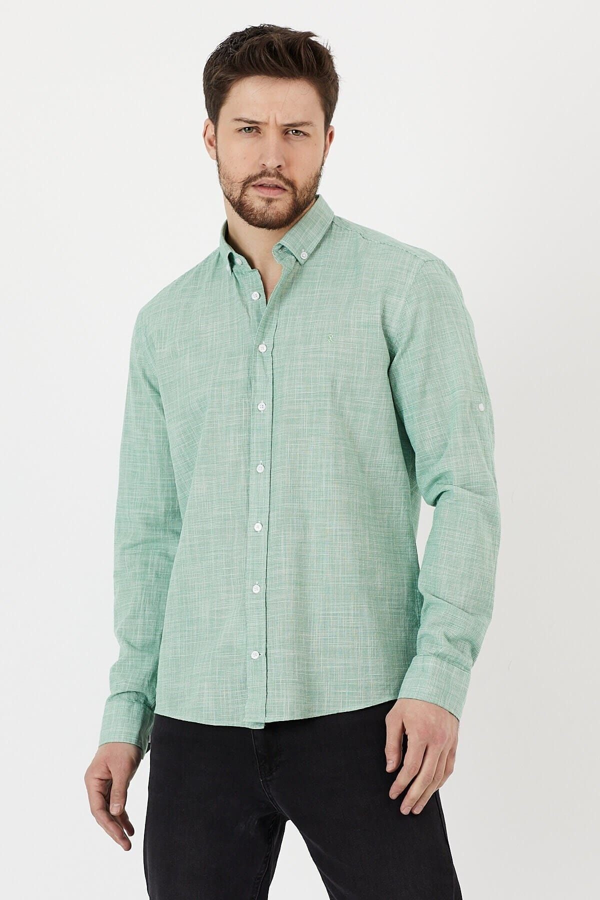 Yeşil %100 Pamuk Slim Fit Uzun Kol Keten Gömlek