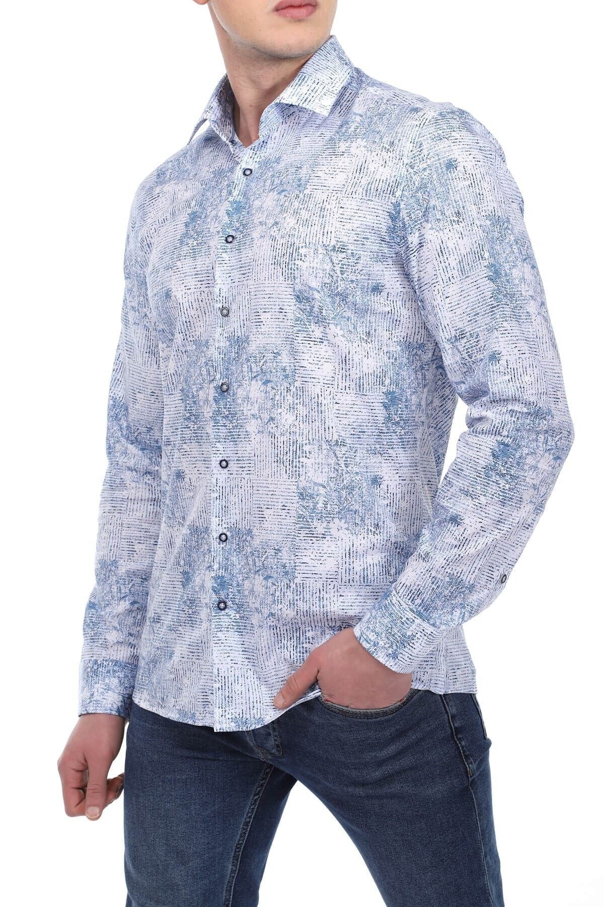 Baskılı Beyaz Slim Fit Gömlek
