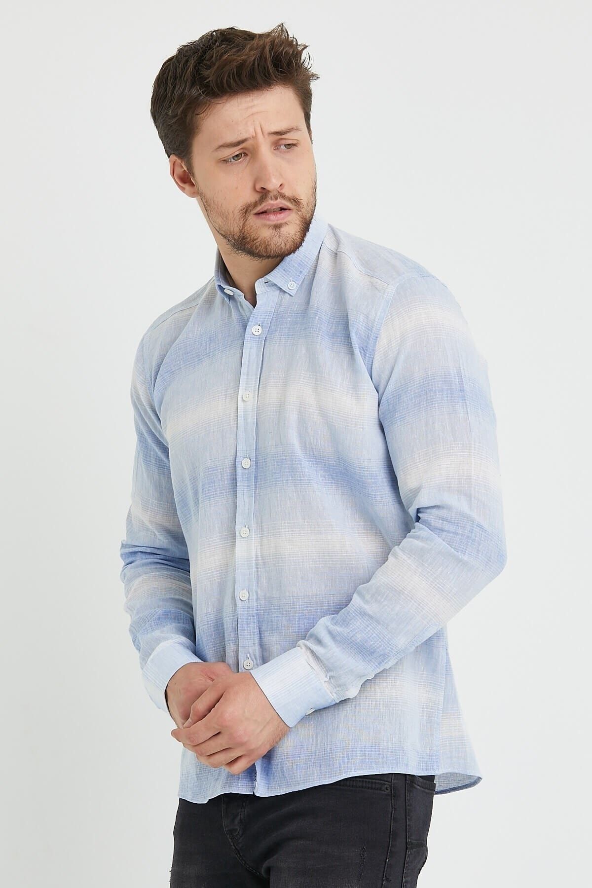 Keten Mavi Beyaz Çizgili Slim Fit Uzun Kol Gömlek
