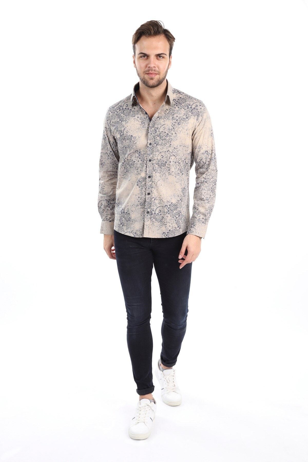 Baskılı Krem Slim Fit Gömlek