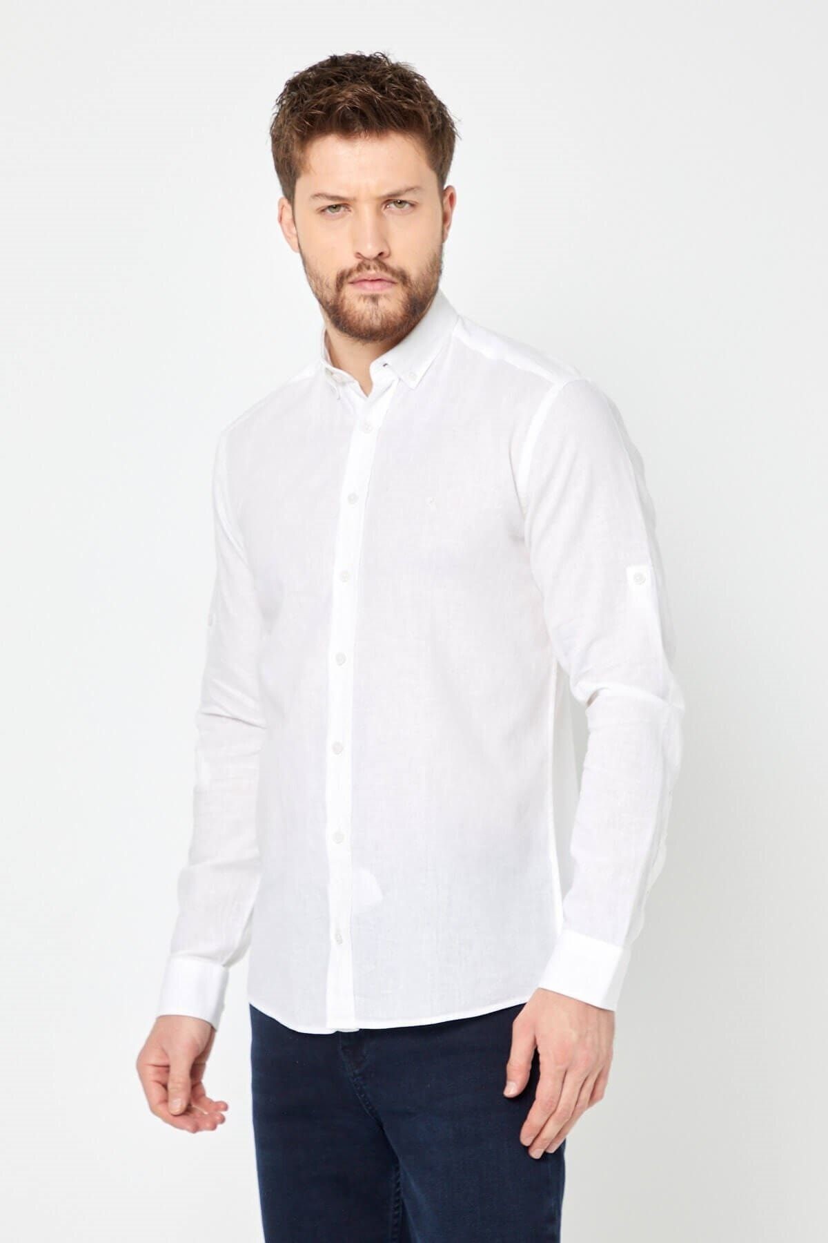 Kırık Beyaz Slim Fit Uzun Kol Keten Gömlek