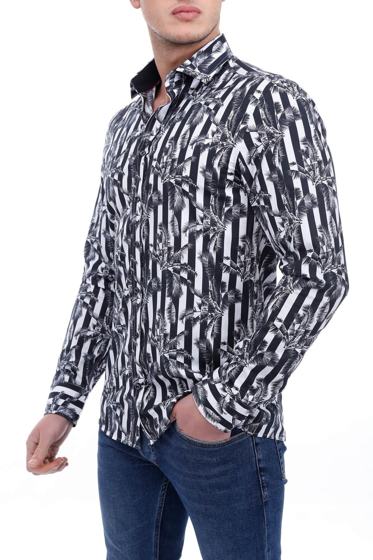 Beyaz Siyah Baskılı Slim Fit Gömlek