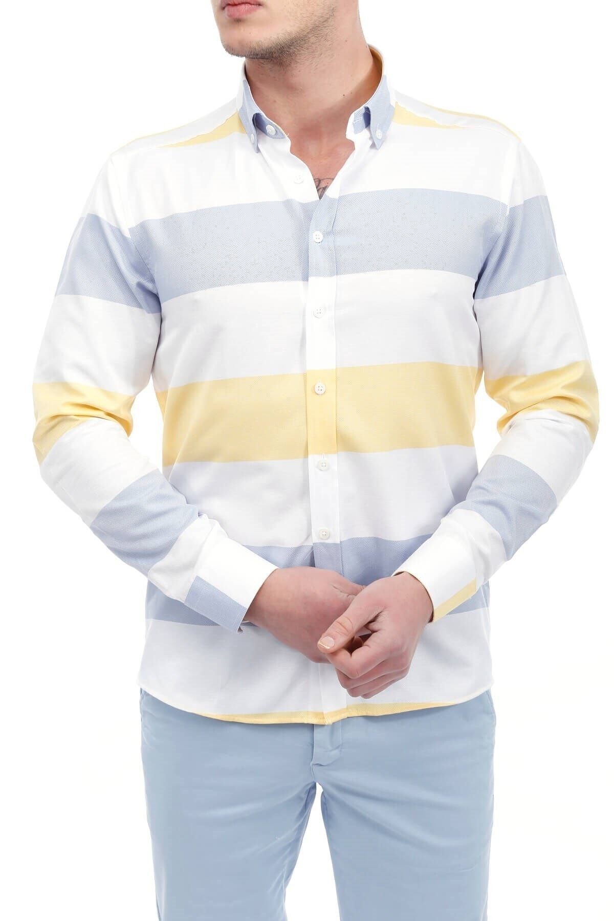 Sarı Beyaz Panolo Slim Fit Gömlek