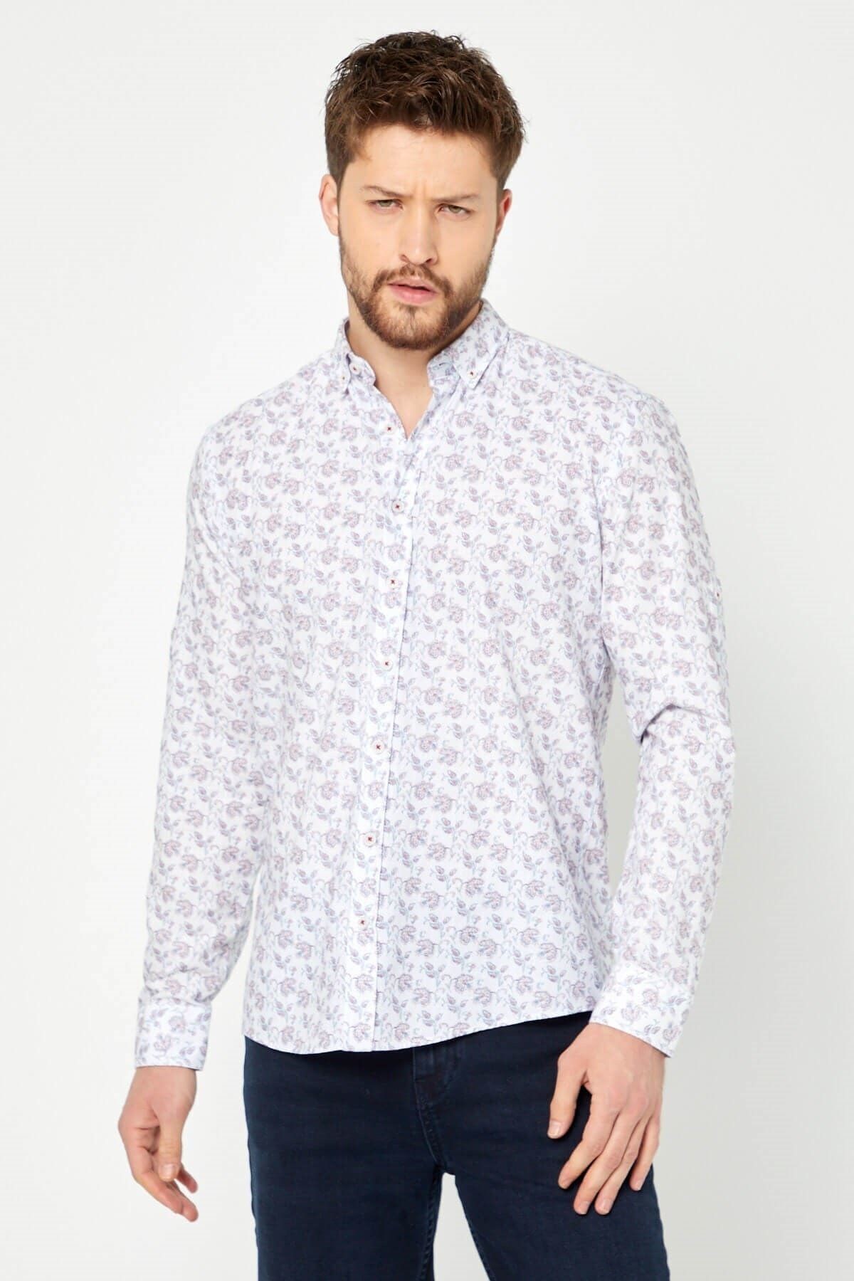 %100 Pamuk Keten Kırmızı Baskılı Slim Fit Uzun Kol Keten Gömlek