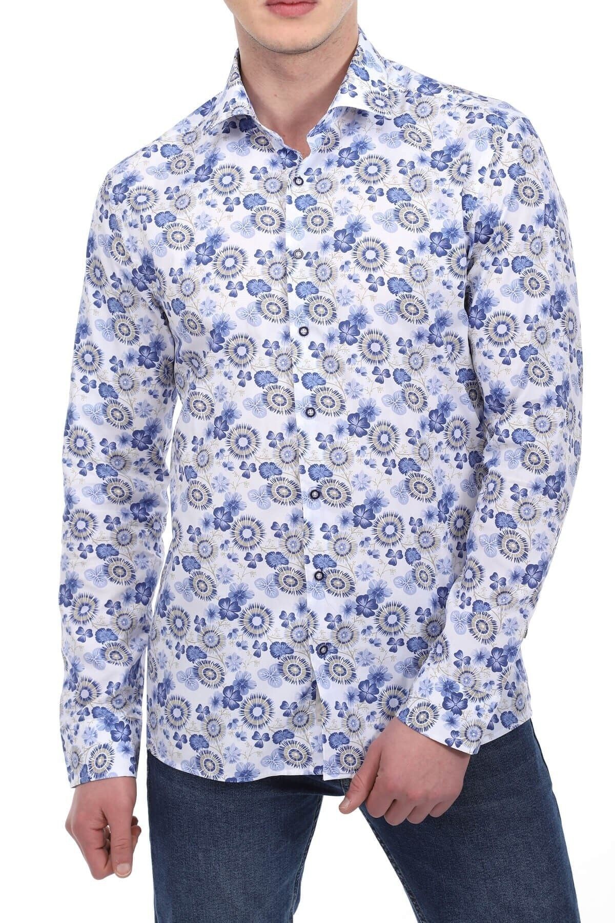 Baskılı Beyaz Slim Fit Gömlek