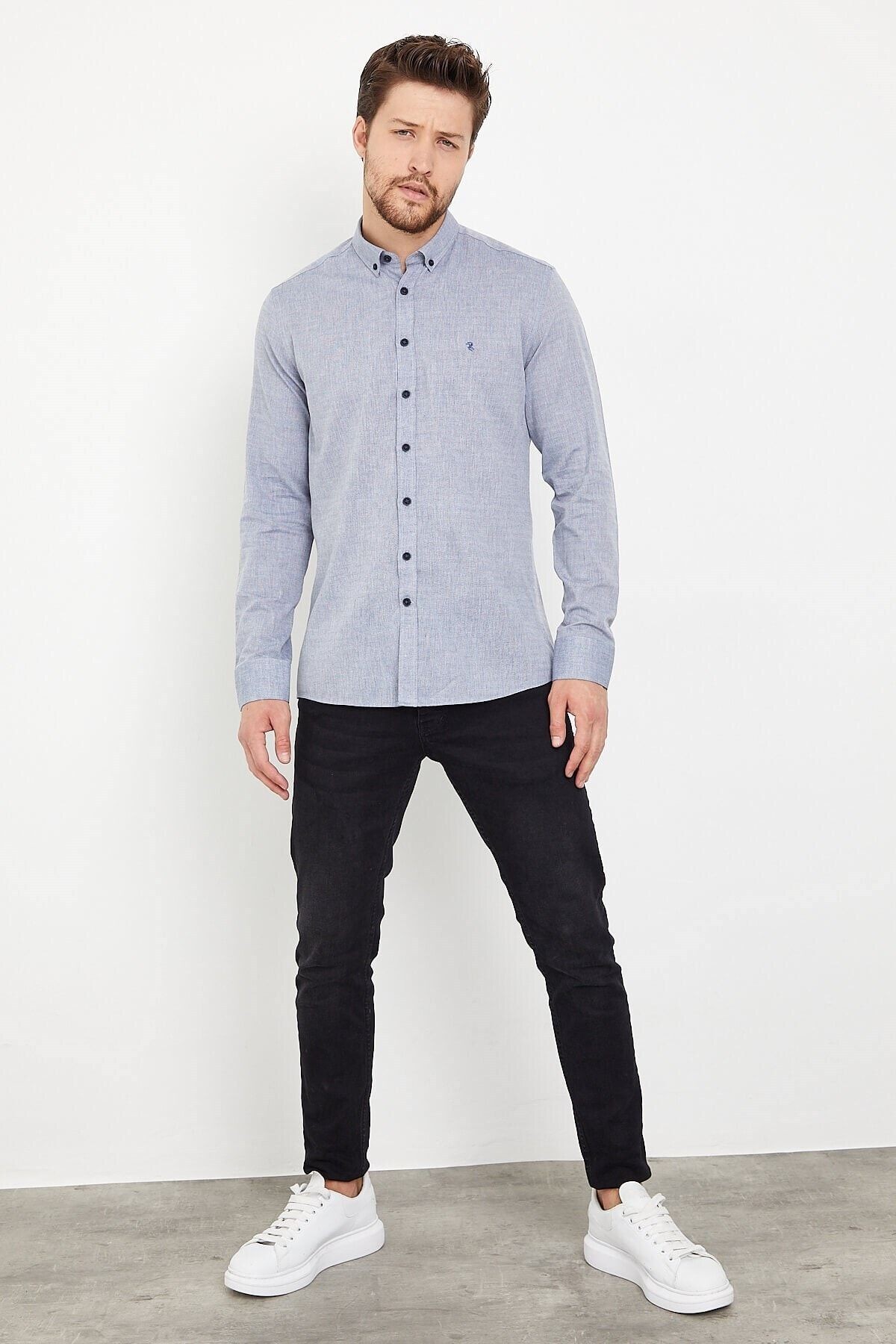 Açık Lacivert Pamuklu Slim Fit Uzun Kol Gömlek