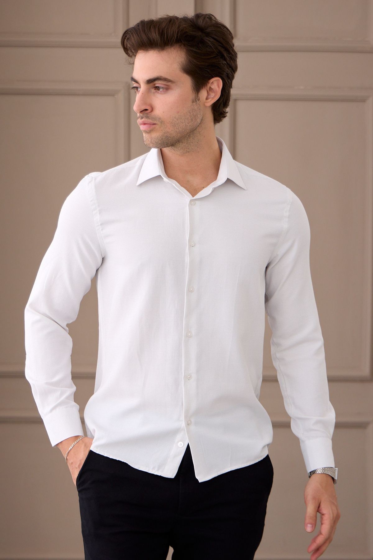 Erkek Bej Uzun Kol Slim Fit Dar Kesim Klasik Yaka Desenli Pamuklu Gömlek