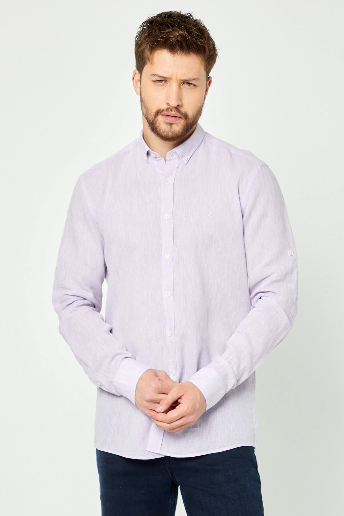 Lila Slim Fit Uzun Kol Keten Gömlek