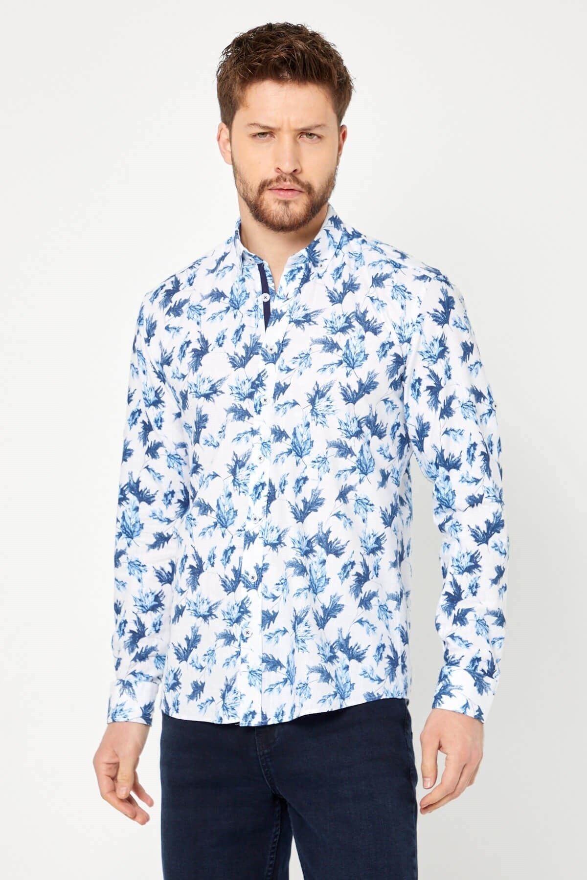 %100 Pamuk Keten Mavi Baskılı Slim Fit Uzun Kol Keten Gömlek