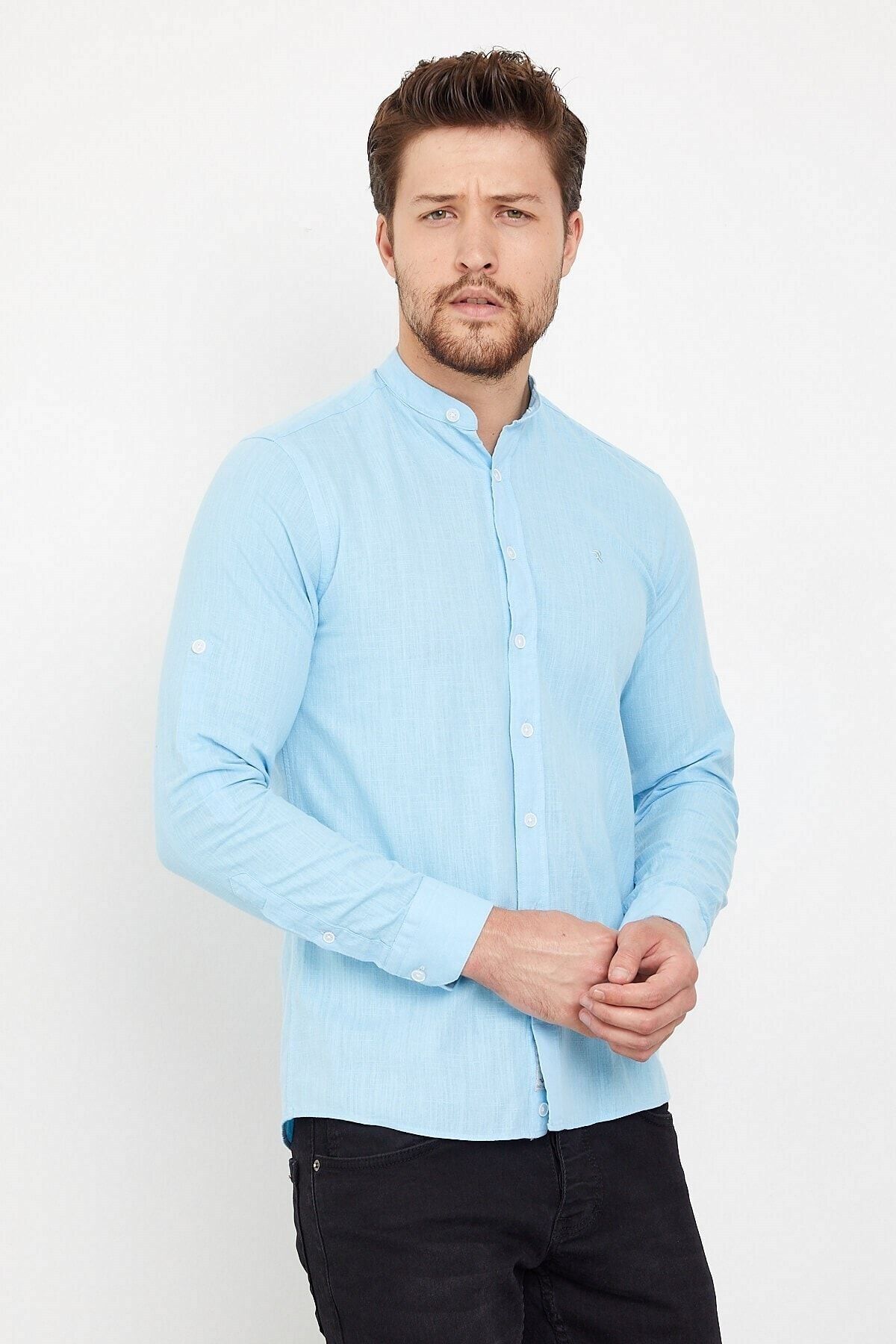 Pamuk Keten Hakim Yaka Turkuaz Slim Fit Uzun Kol Gömlek
