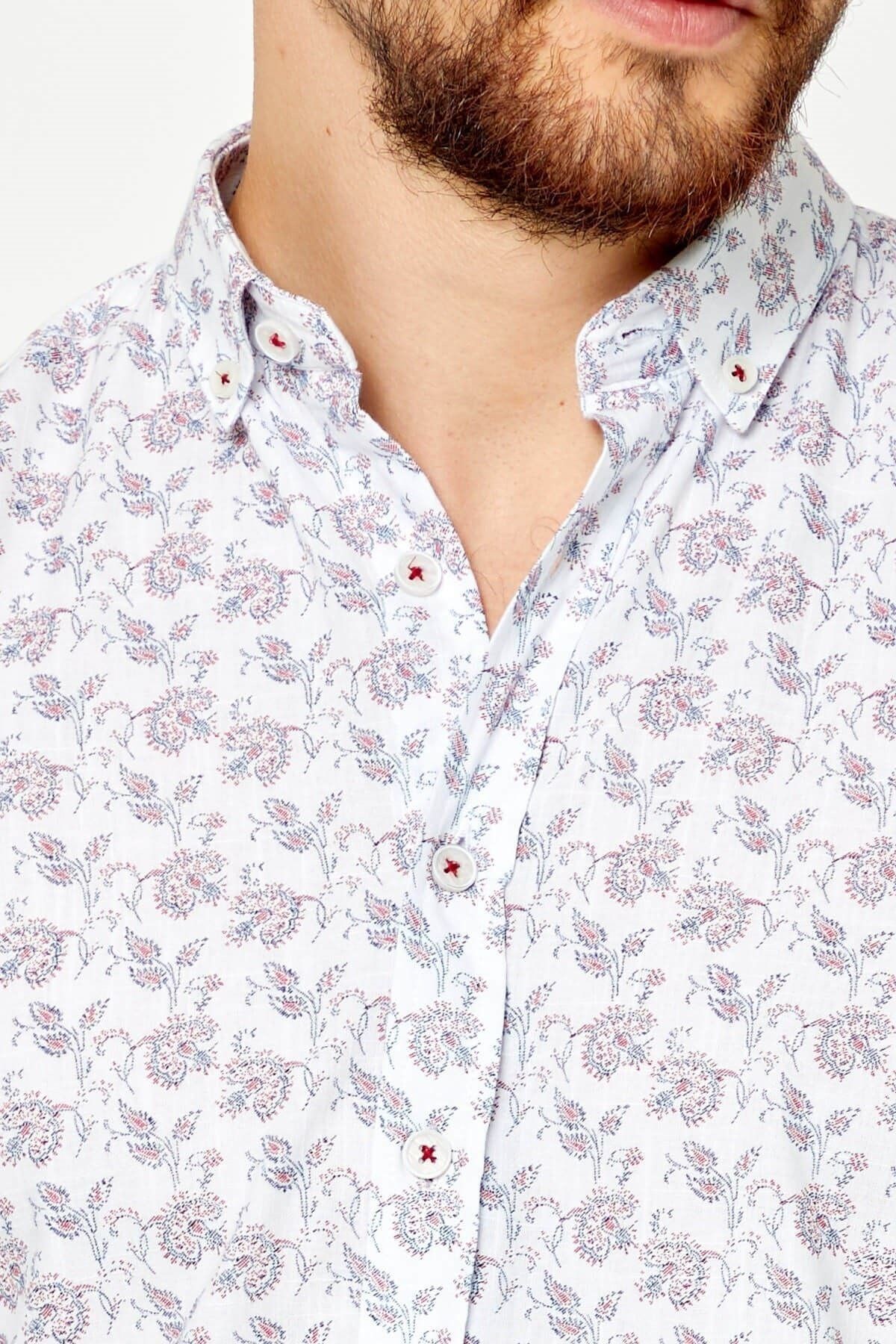 %100 Pamuk Keten Kırmızı Baskılı Slim Fit Uzun Kol Keten Gömlek