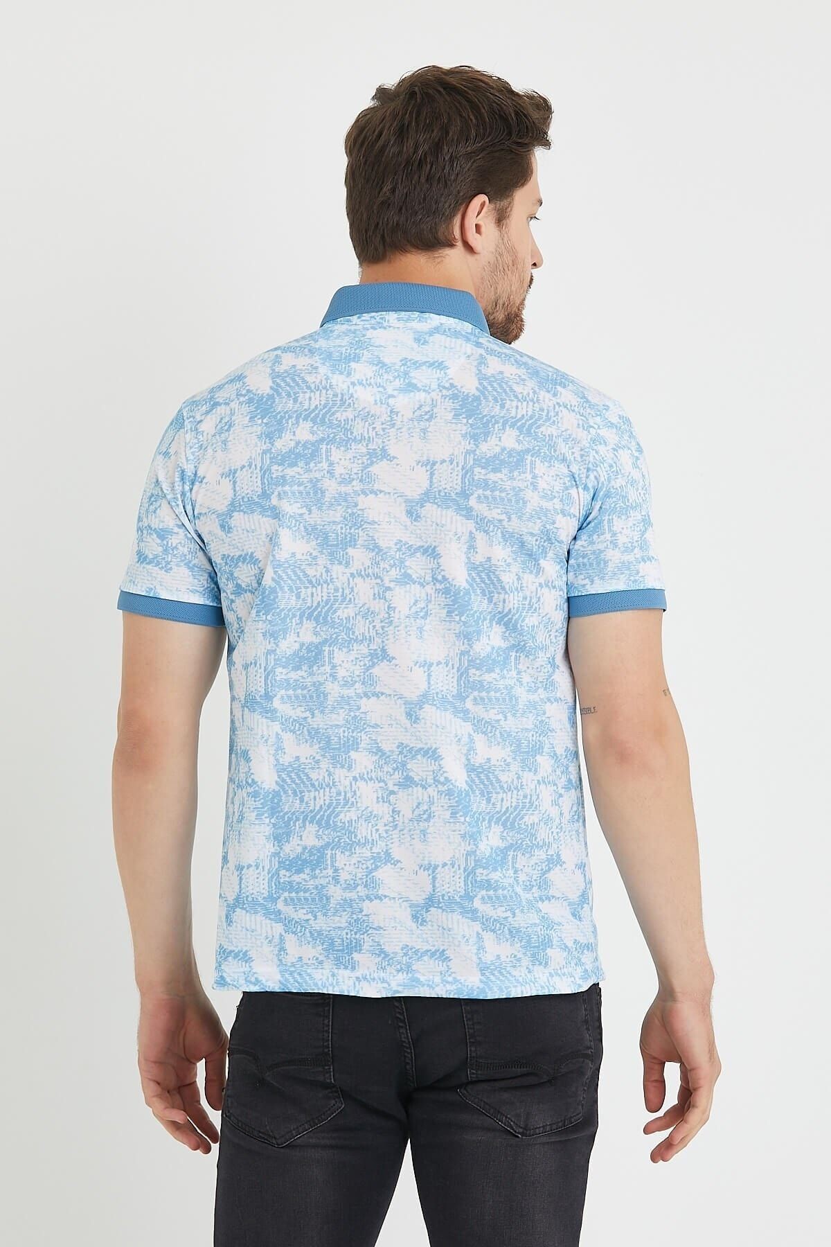 Polo Yaka Düğmeli Baskılı Mavi Slim Fit Tişört