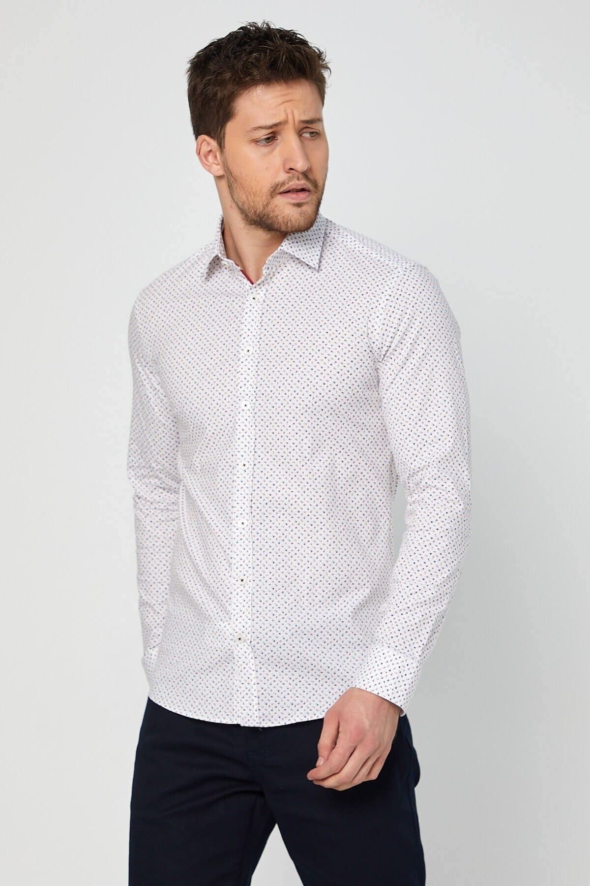 Bordo Baskılı Beyaz Slim Fit Uzun Kol Gömlek