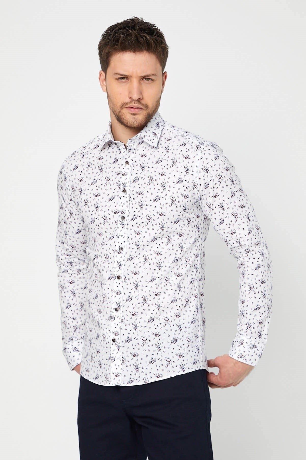 Lacivert Baskılı Beyaz Slim Fit Uzun Kol Gömlek