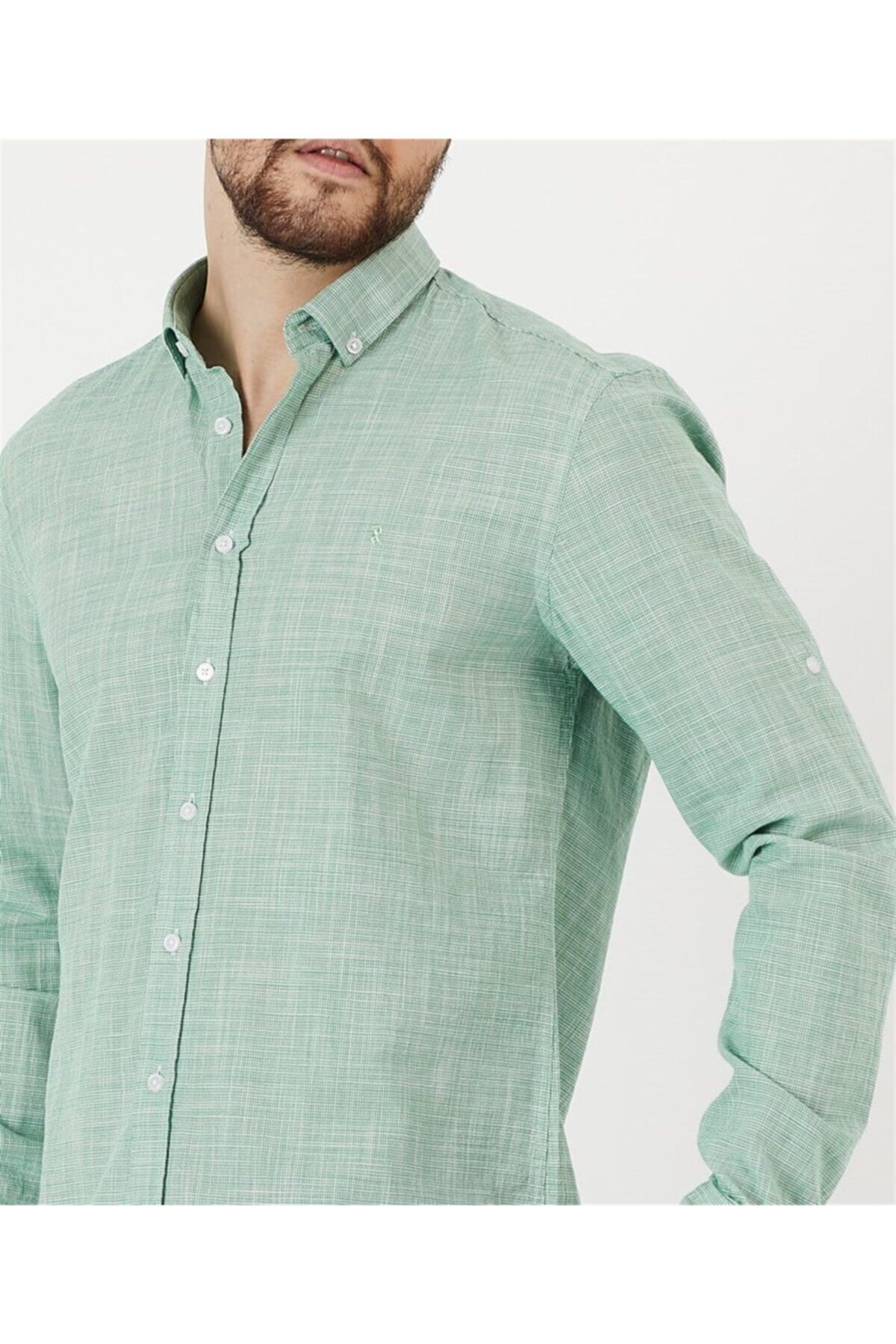 Yeşil %100 Pamuk Slim Fit Uzun Kol Keten Gömlek