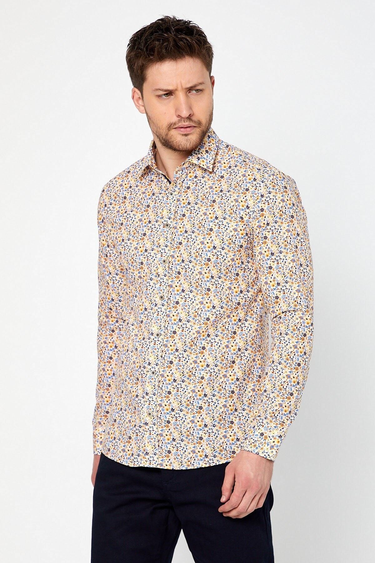Sarı Çiçek Baskılı Slim Fit Uzun Kol Gömlek