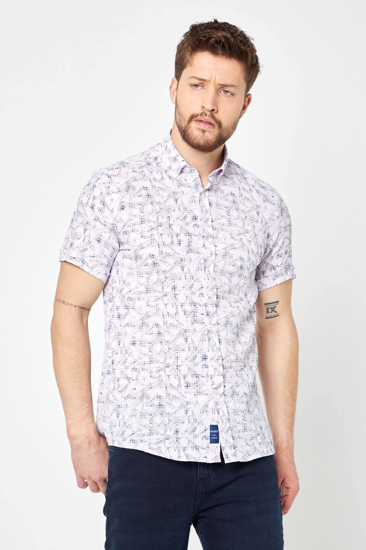 Gofre Baskılı Pembe Slim Fit Kısa Kol Gömlek