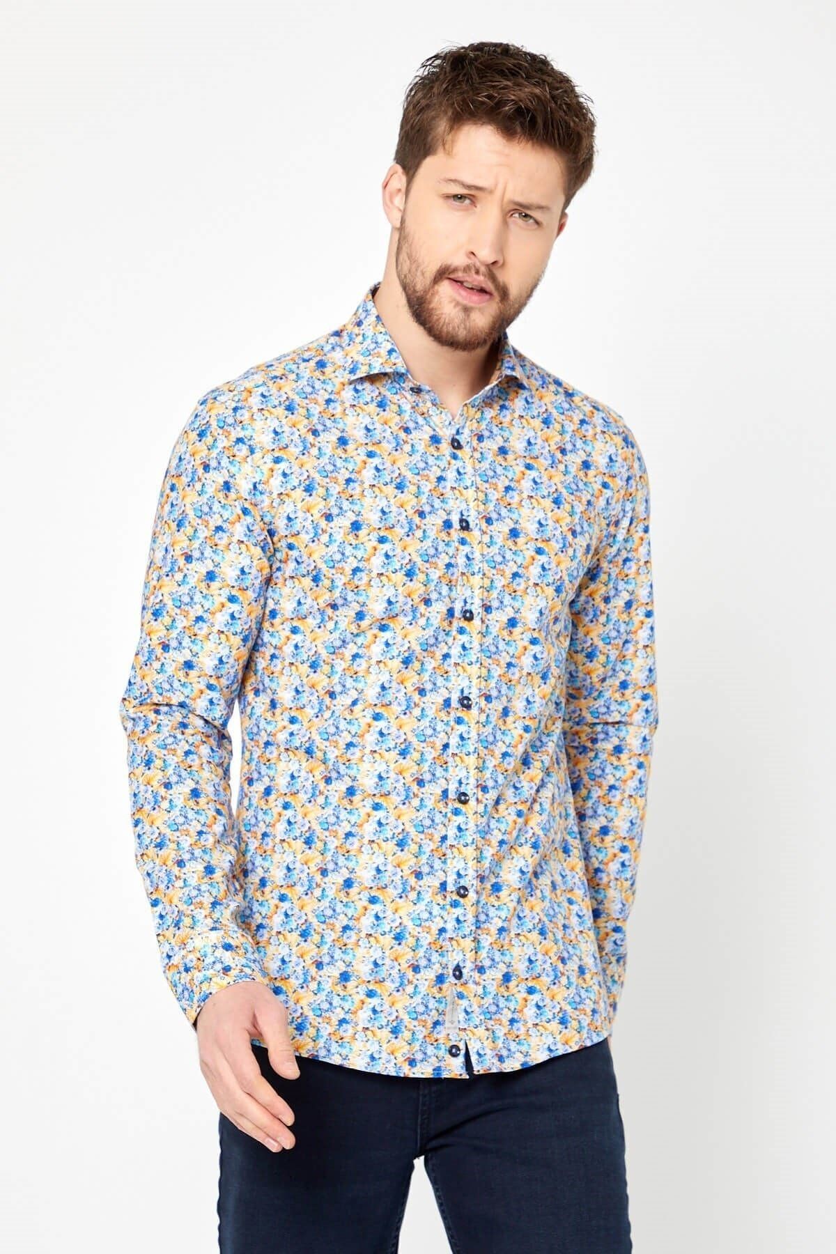 %100 Pamuk Sarı Çiçek Baskılı Slim Fit Uzun Kol Gömlek