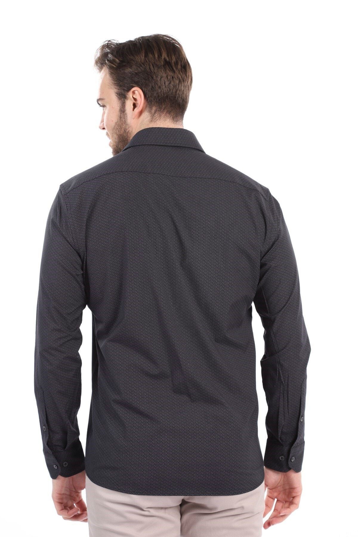 Baskılı Siyah Slim Fit Likralı Gömlek