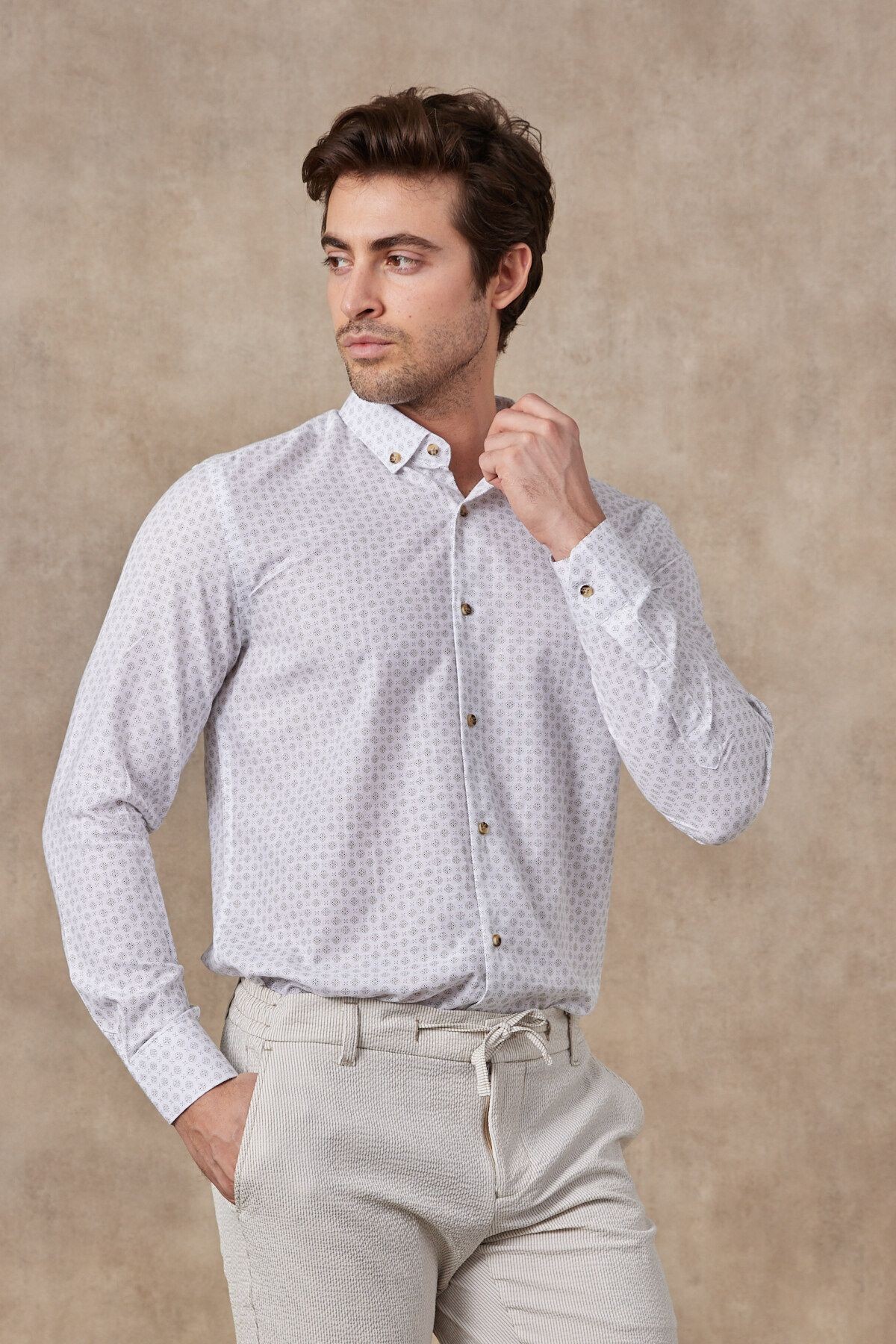 Erkek Baskılı Pamuk Keten Modern Slim Fit Gömlek