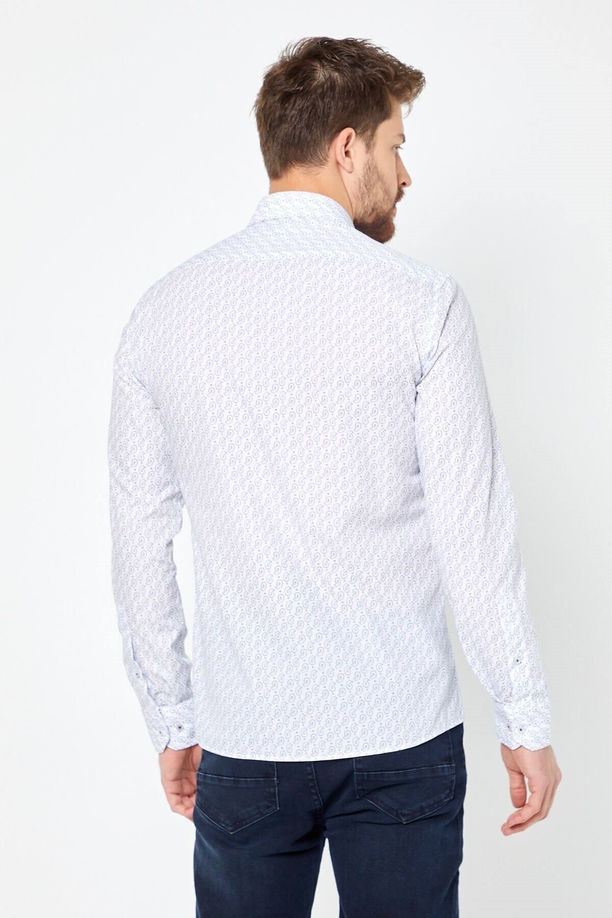 Baskılı Beyaz Slim Fit Uzun Kol Gömlek