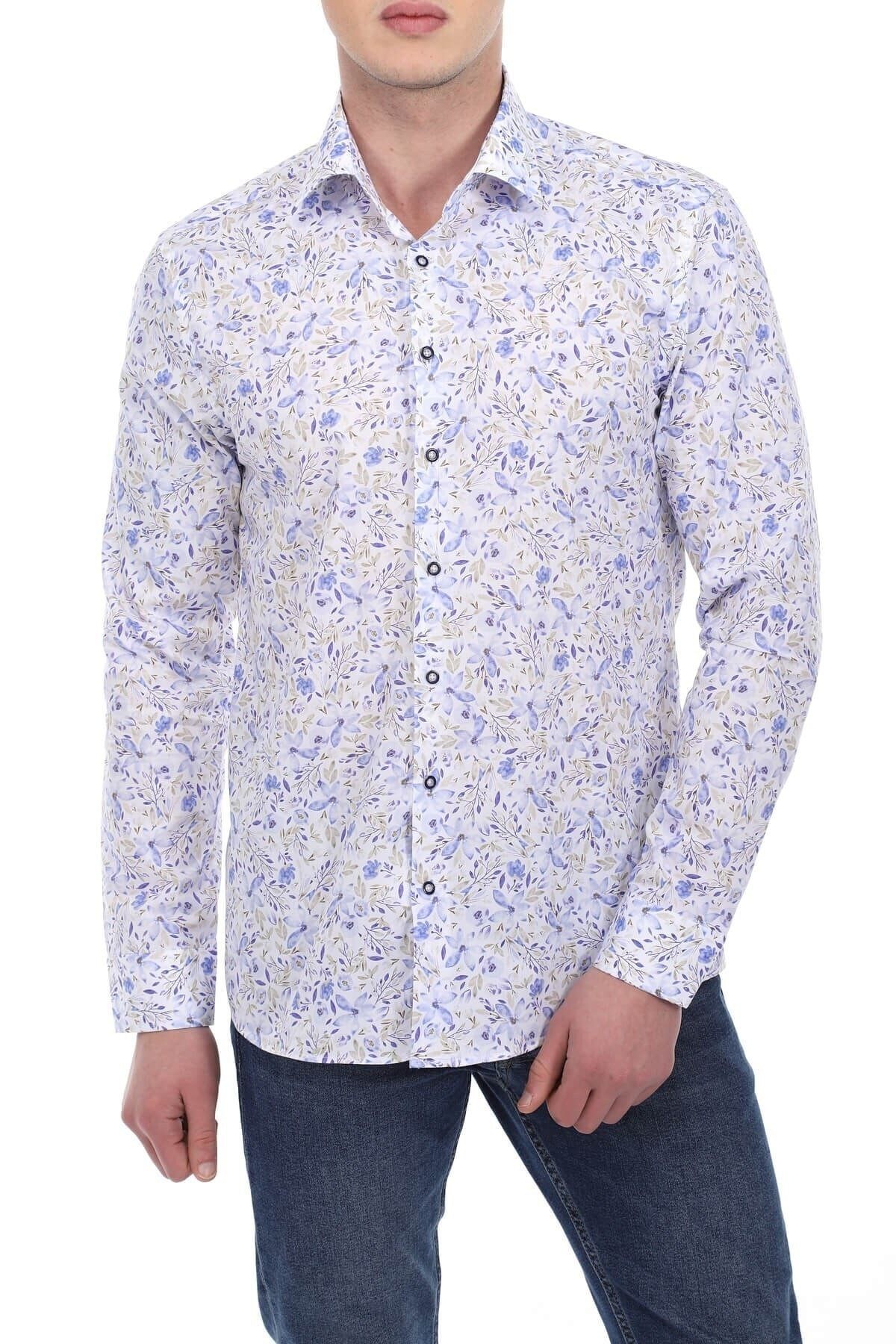 Baskılı Beyaz Slim Fit Gömlek