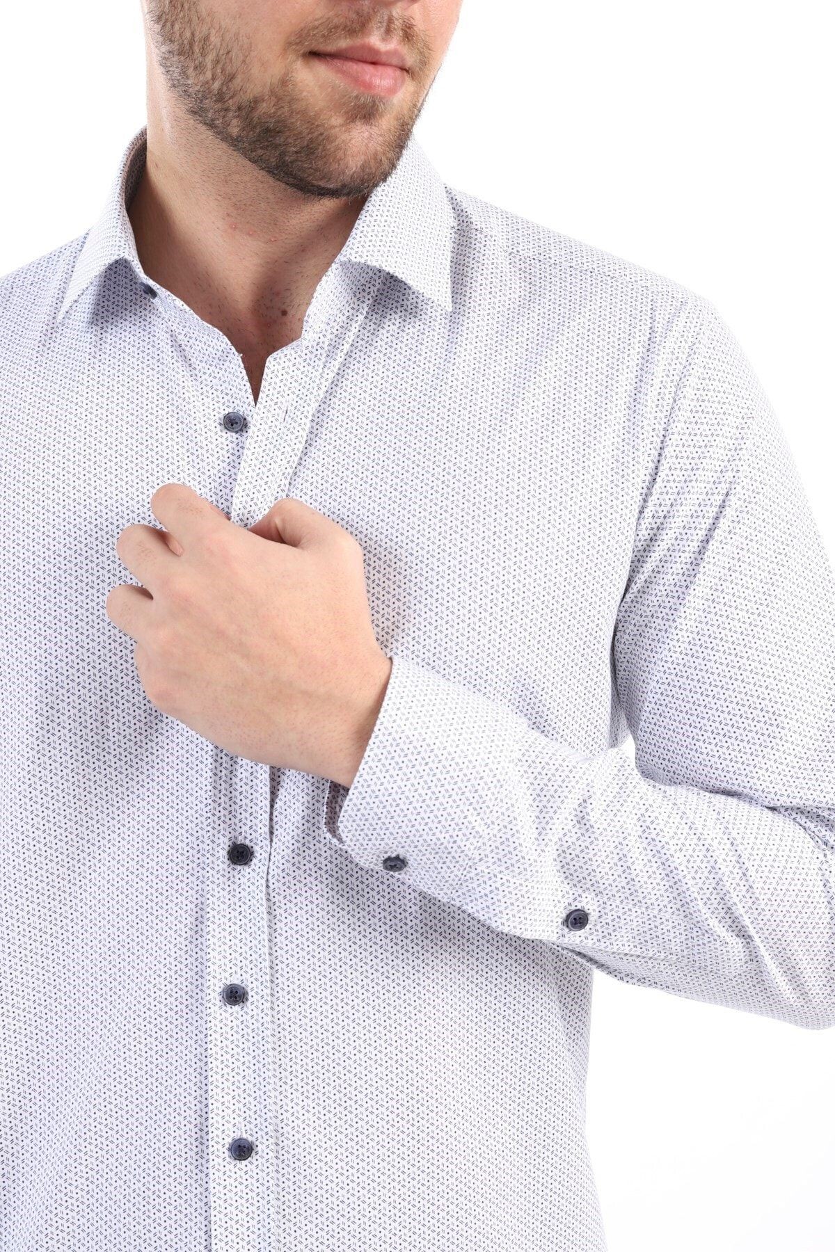 Baskılı Beyaz Slim Fit Likralı Gömlek