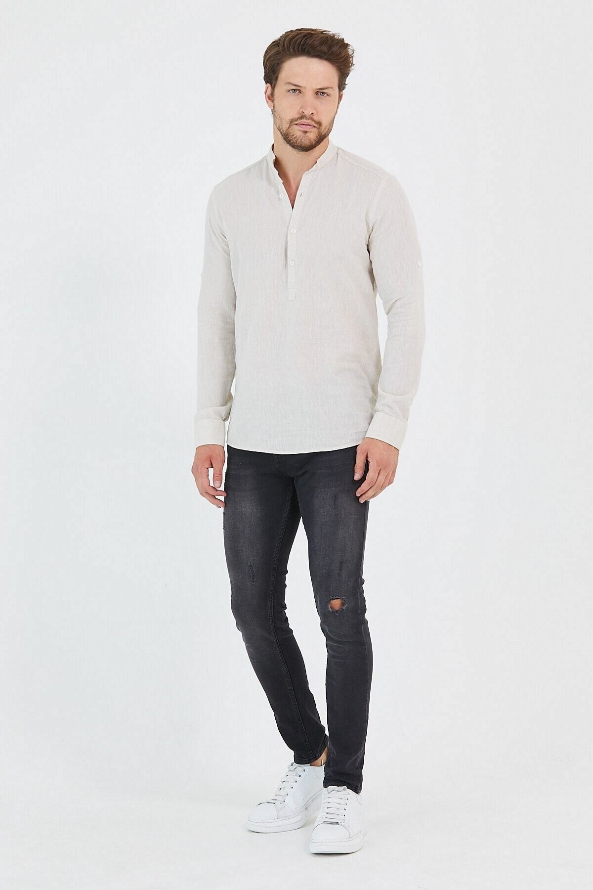Keten Hakim Yaka Yarım Pat Bej Slim Fit Uzun Kol Gömlek