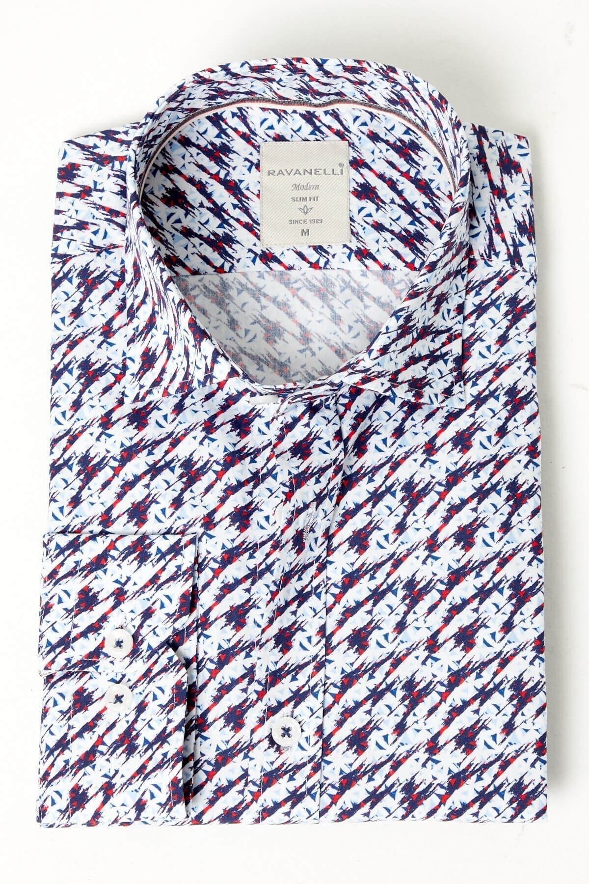 %100 Pamuk Lacivert Baskılı Slim Fit Uzun Kol Gömlek
