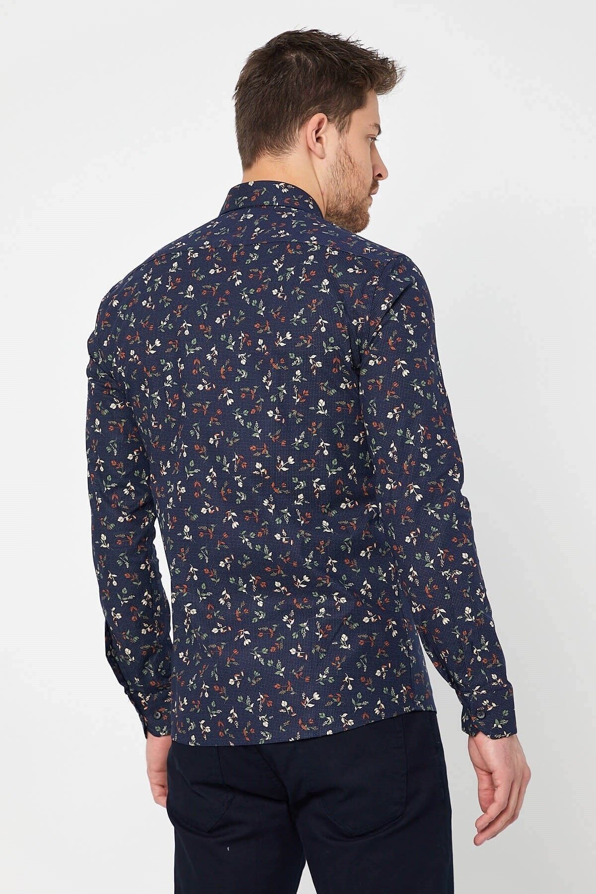 Baskılı Lacivert Slim Fit Uzun Kol Gömlek