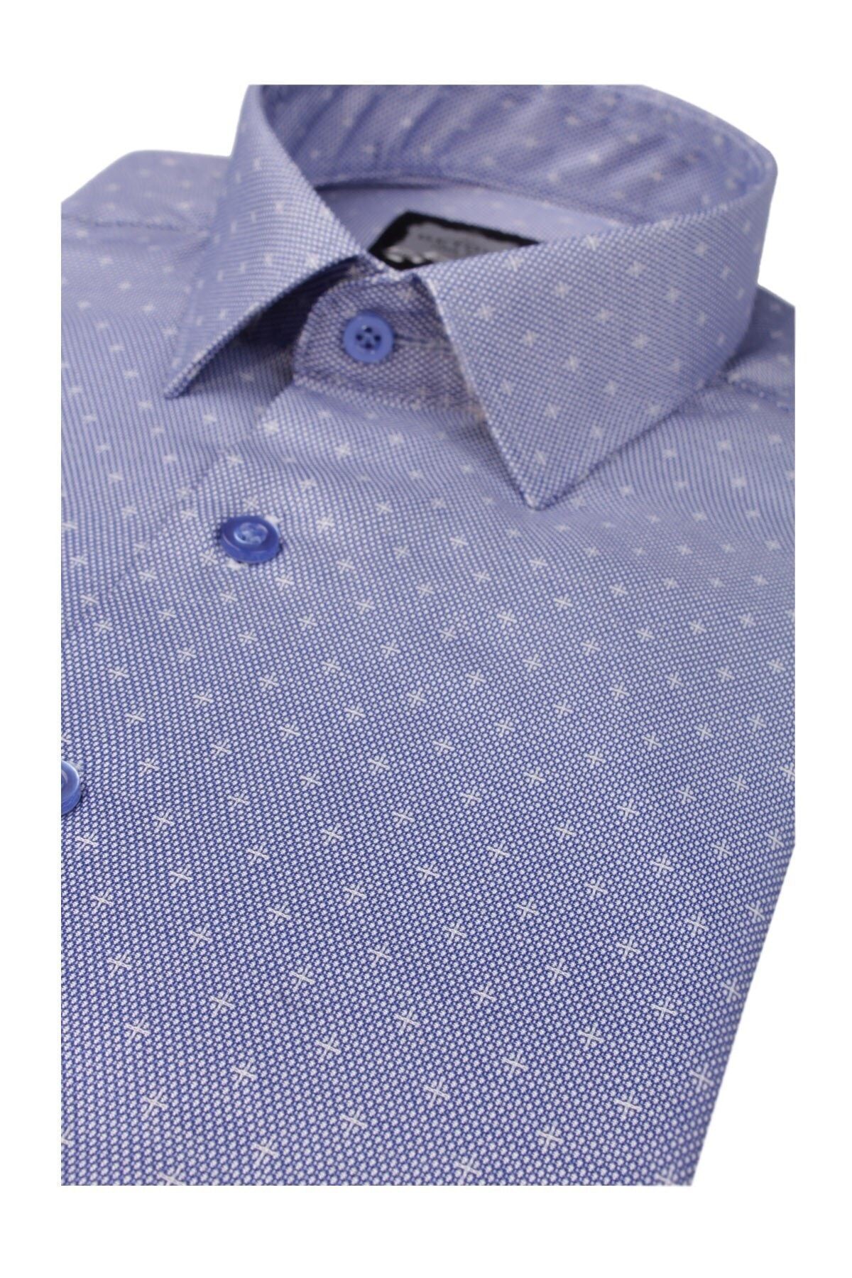 Erkek Mavi Slim Fit Armürlü Gömlek