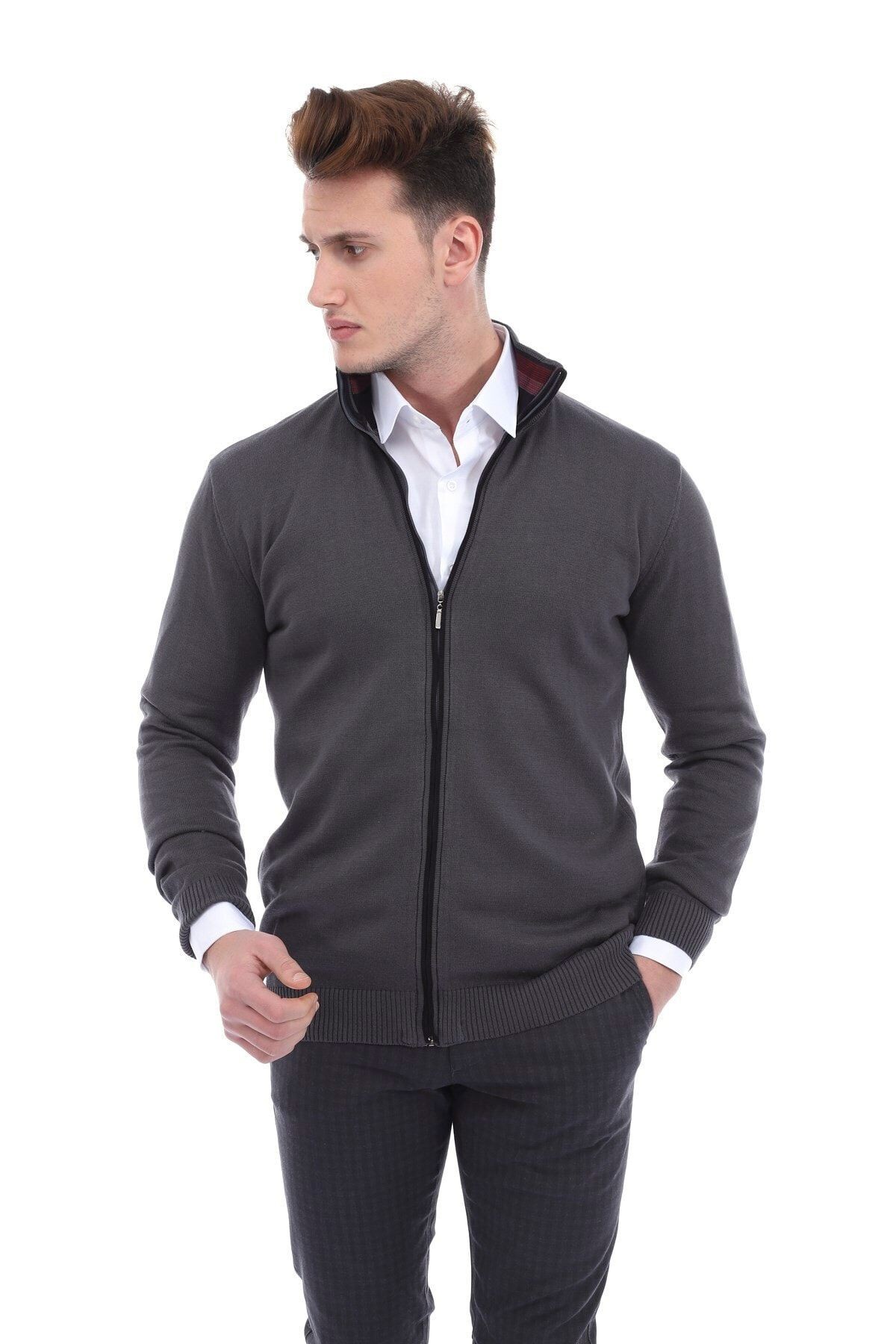 Antrasit Slimfit Fermuarlı Hırka