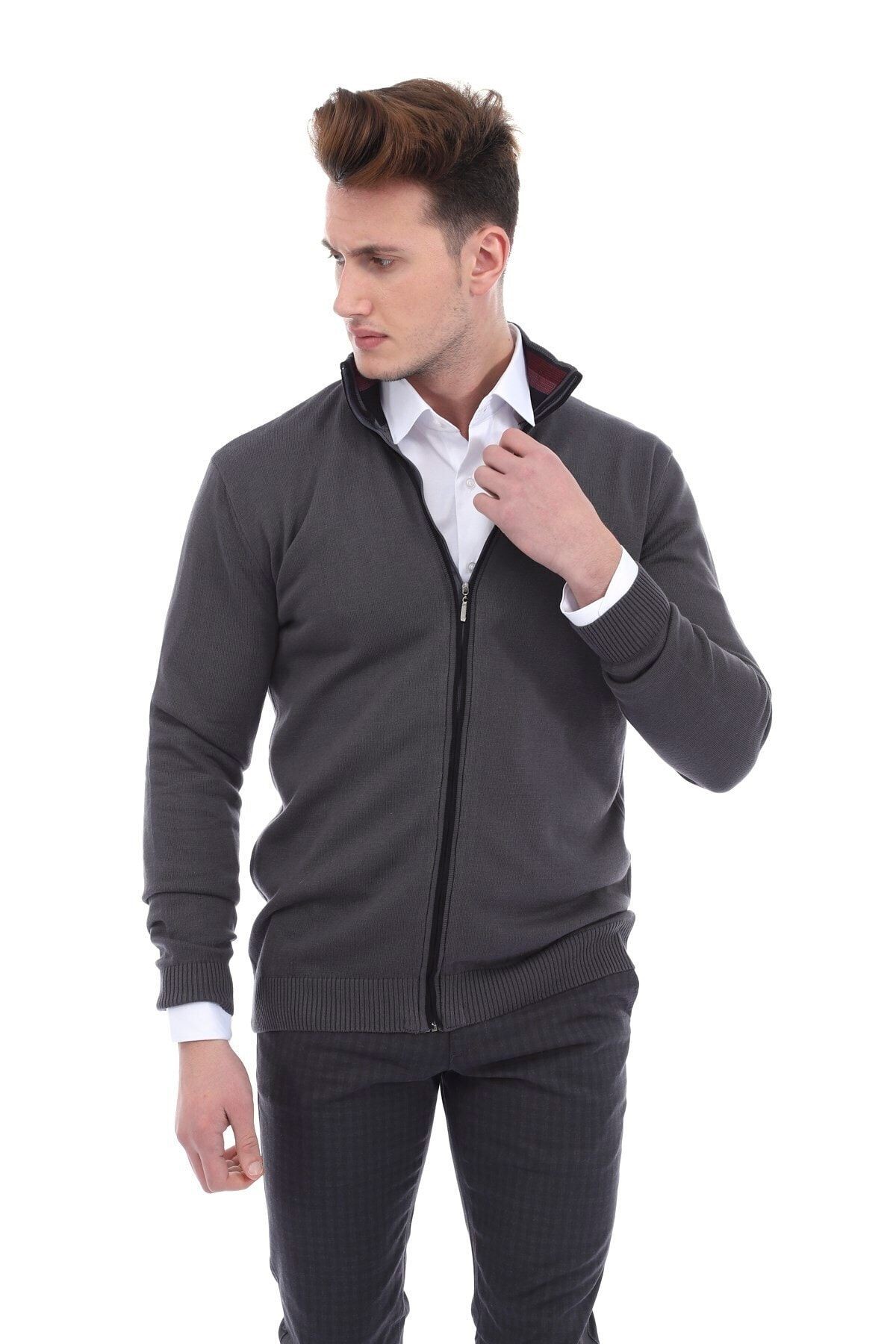 Antrasit Slimfit Fermuarlı Hırka