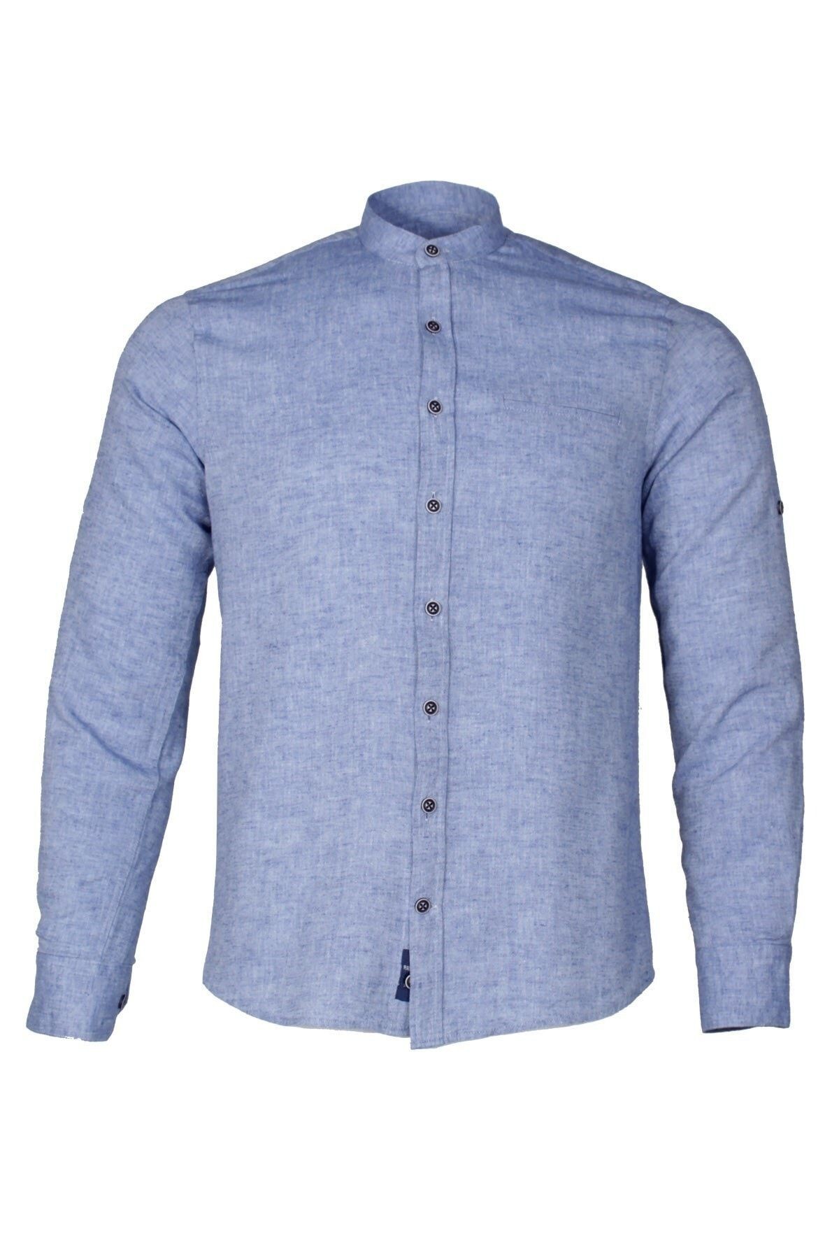 Erkek Mavi Slim Fit Keten Apoletli Gömlek