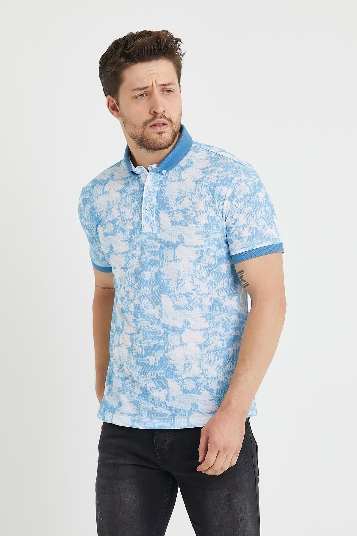 Polo Yaka Düğmeli Baskılı Mavi Slim Fit Tişört