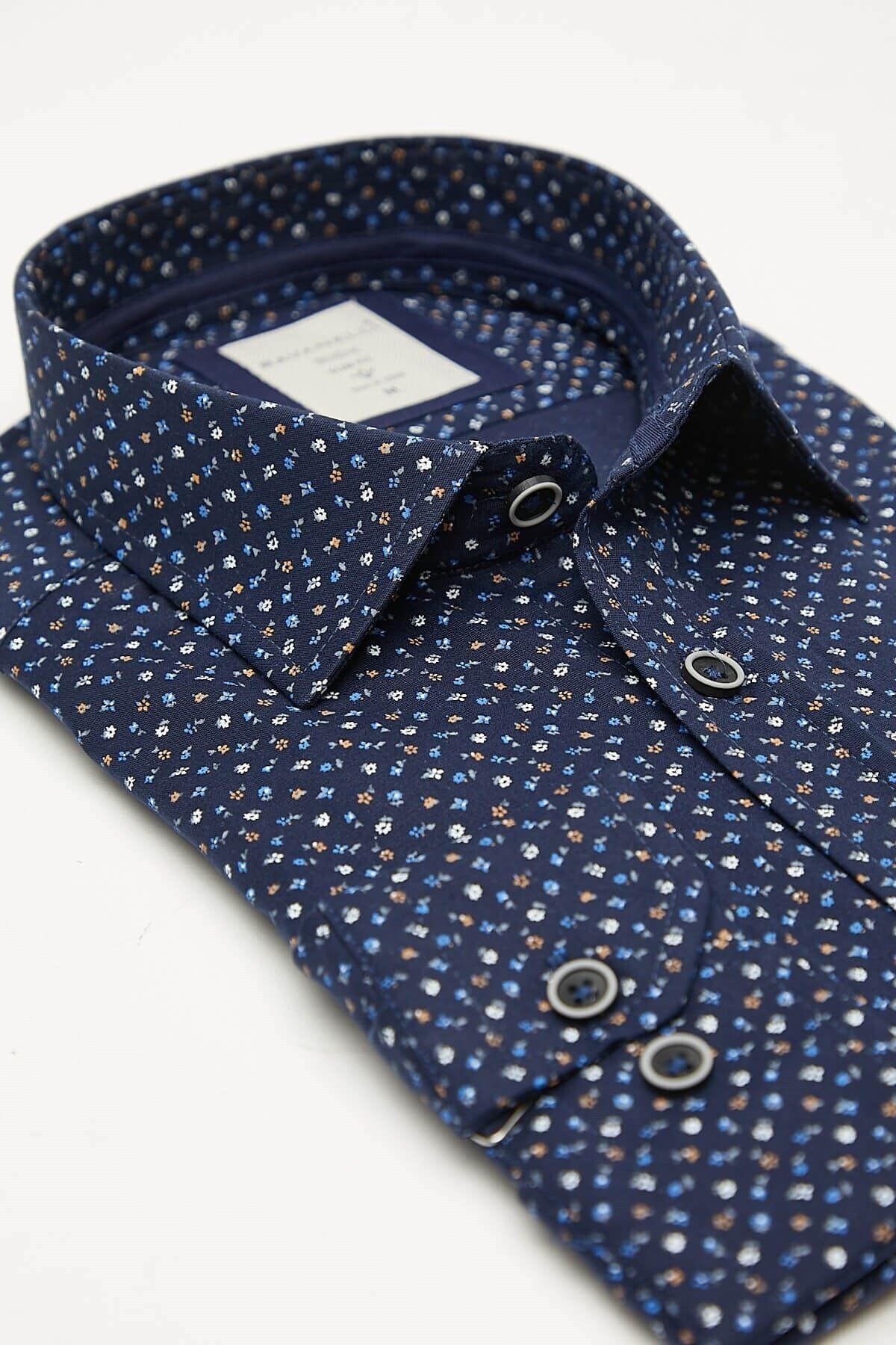 Baskılı Lacivert Slim Fit Uzun Kol Gömlek