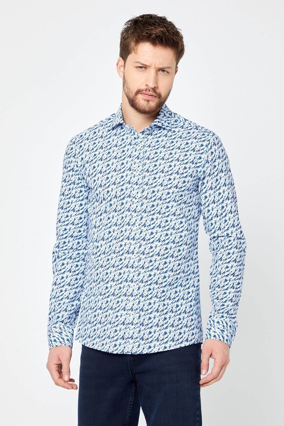 %100 Pamuk Lacivert Baskılı Slim Fit Uzun Kol Gömlek