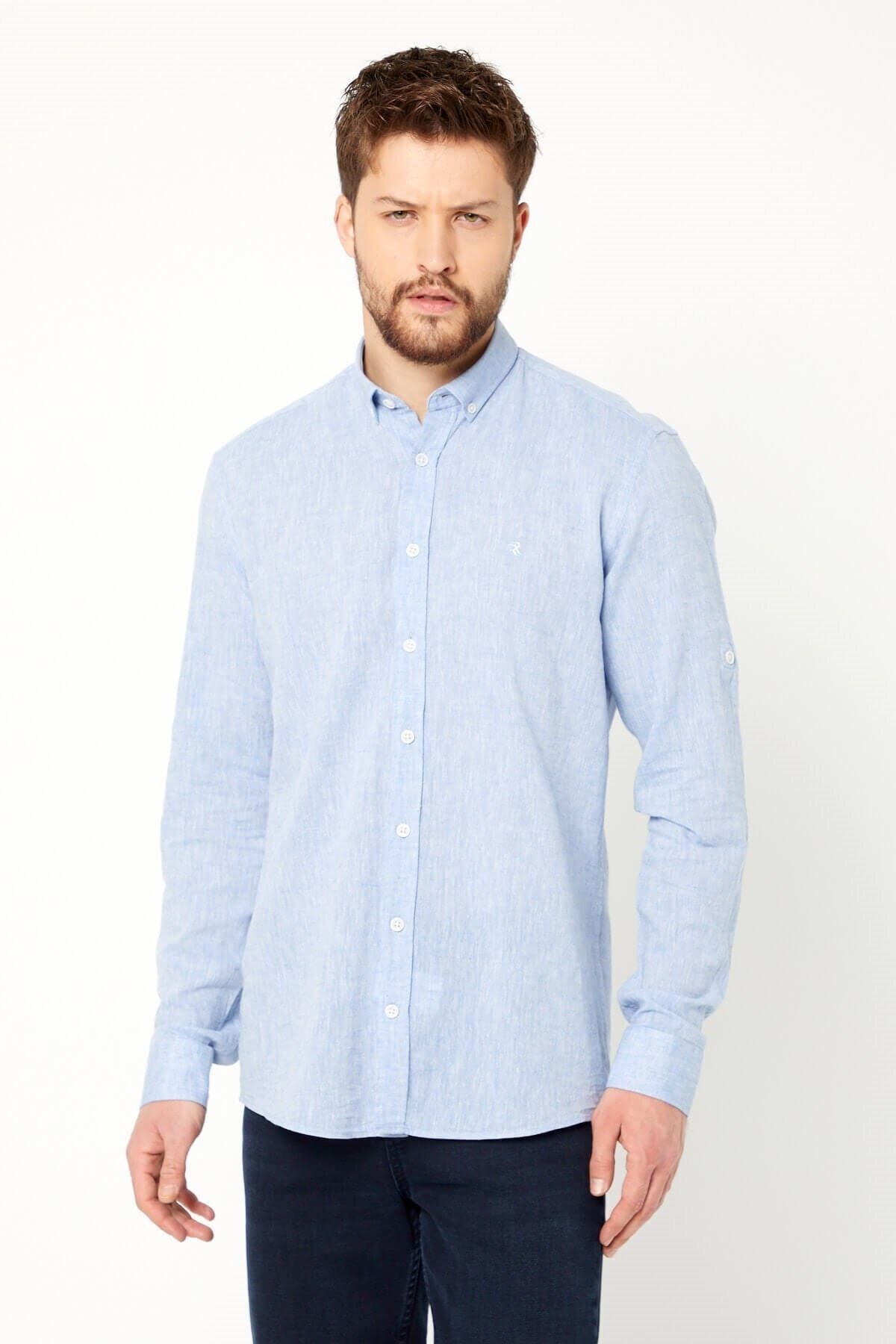 Mavi Slim Fit Uzun Kol Keten Gömlek