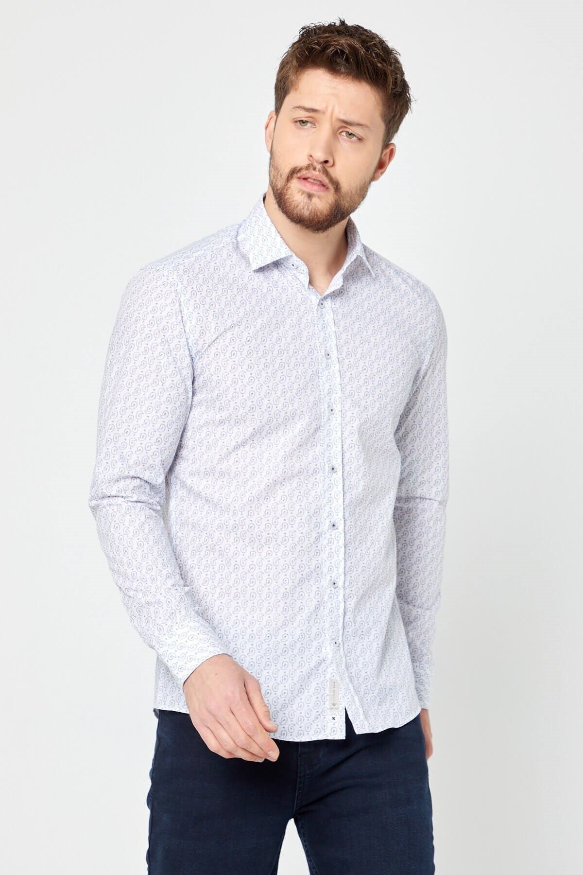 Baskılı Beyaz Slim Fit Uzun Kol Gömlek