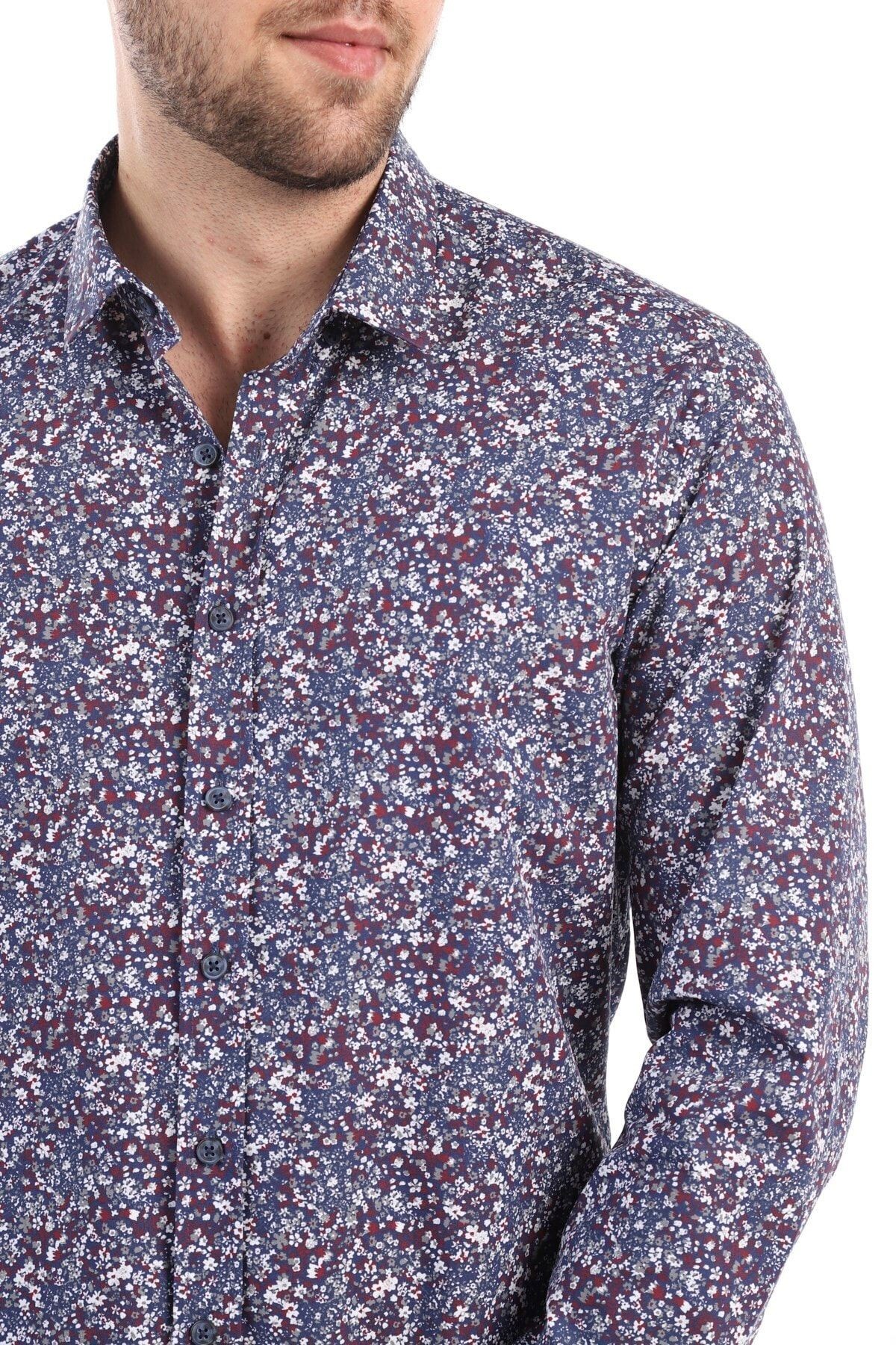 Baskılı Lacivert Slim Fit Gömlek