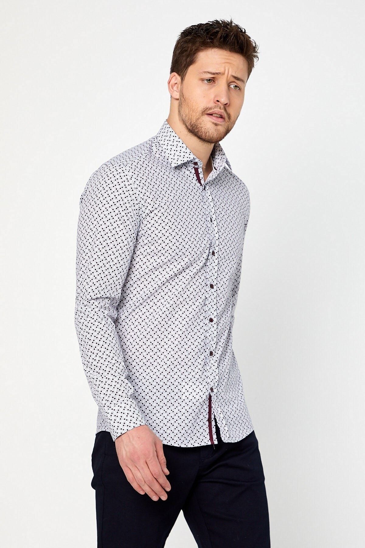 Bordo Baskılı Beyaz Slim Fit Uzun Kol Gömlek