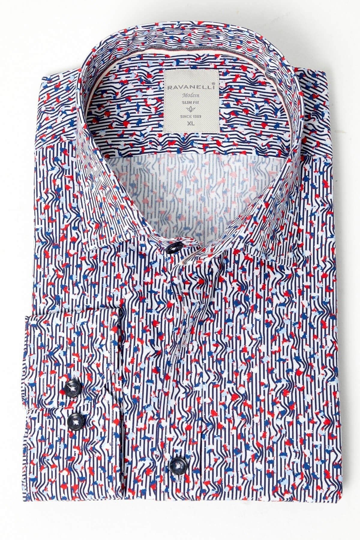 %100 Pamuk Çizgi Baskılı Slim Fit Uzun Kol Gömlek
