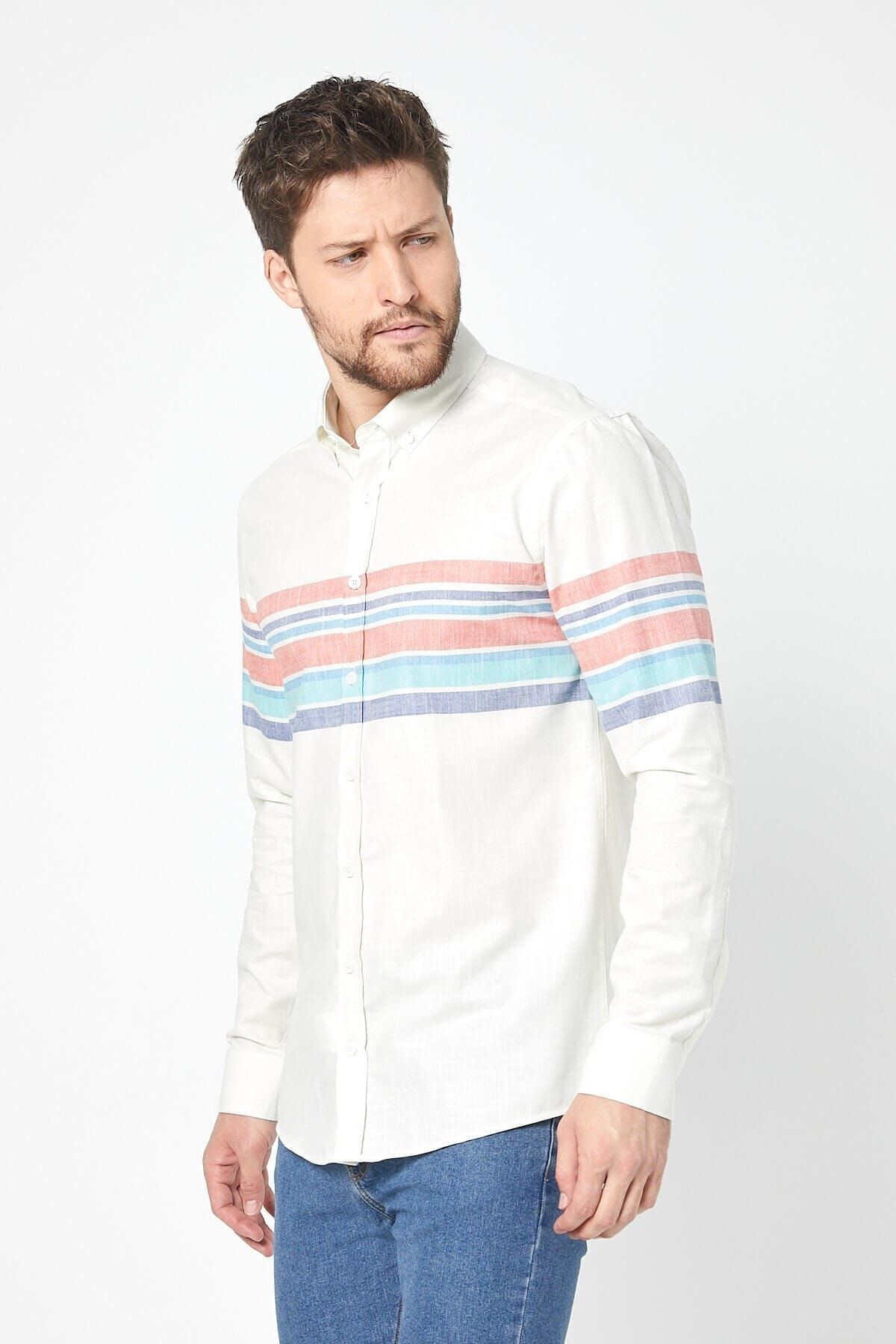 Keten Kırmızı Panolo Beyaz Slim Fit Uzun Kol Gömlek