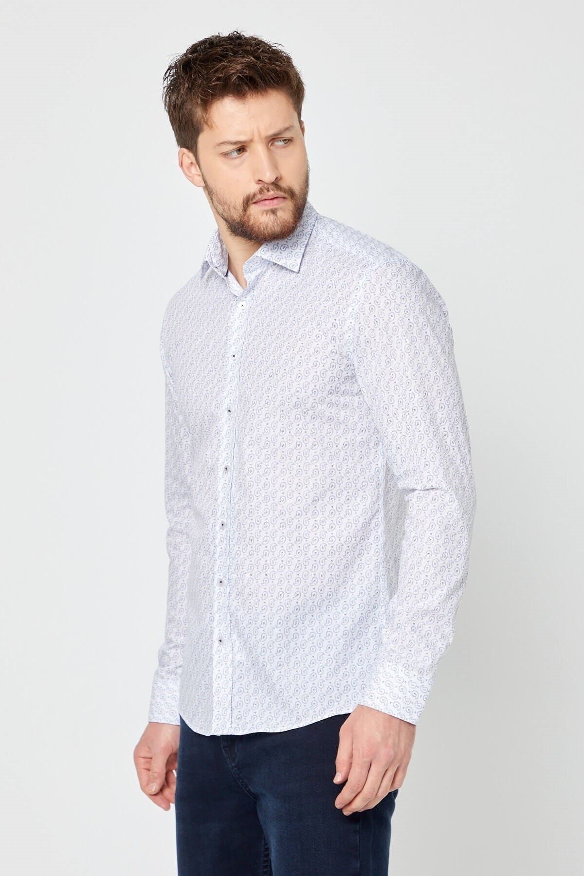 Baskılı Beyaz Slim Fit Uzun Kol Gömlek