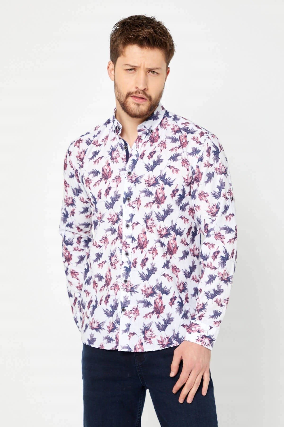 %100 Pamuk Keten Bordo Baskılı Slim Fit Uzun Kol Keten Gömlek