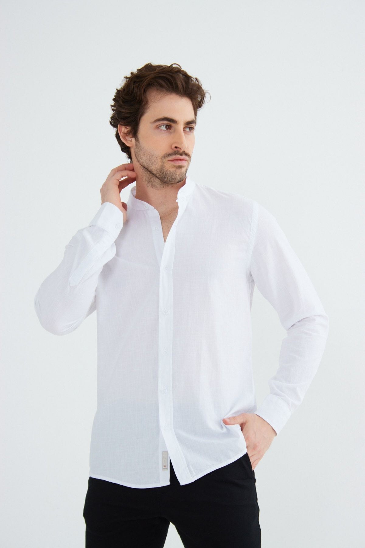 Bej Hakim Yaka Modern Slim Fit Keten Görünümlü Flam Uzun Kol Erkek Gömlek