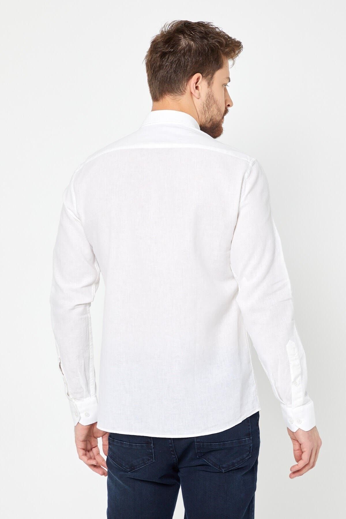 Kırık Beyaz Slim Fit Uzun Kol Keten Gömlek