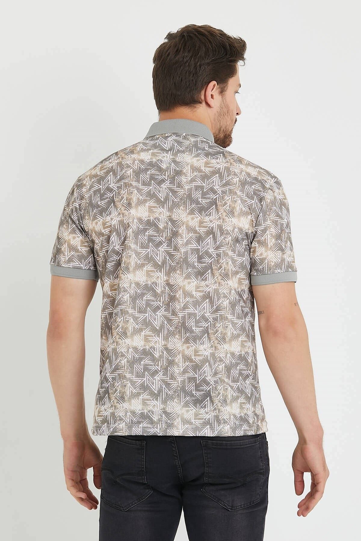 Polo Yaka Düğmeli Baskılı Bej Slim Fit Tişört