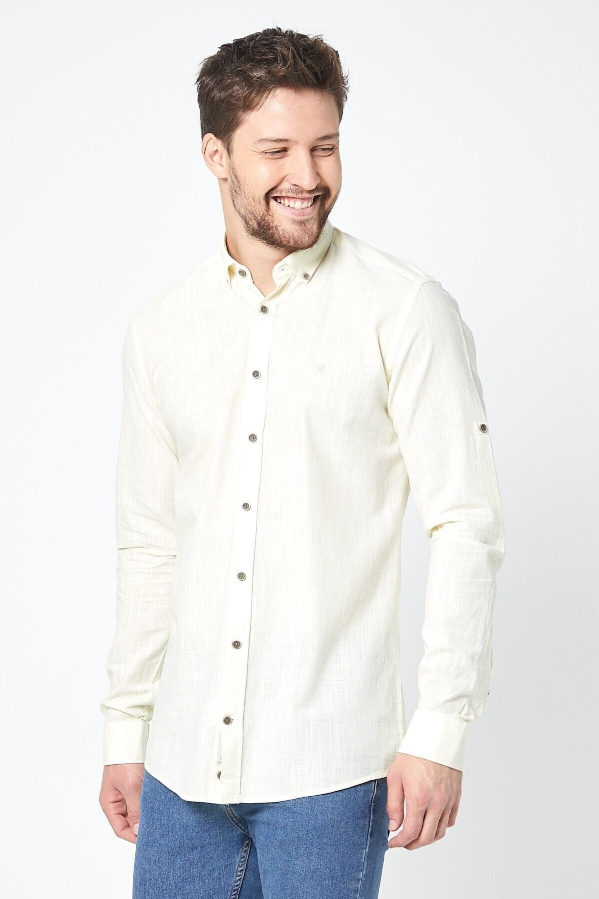 Keten Sarı Slim Fit Uzun Kol Gömlek